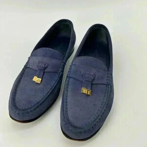 Louis Vuitton Blue Suede Shoes Leather Loafers Sz 37.5 US Womens Logo